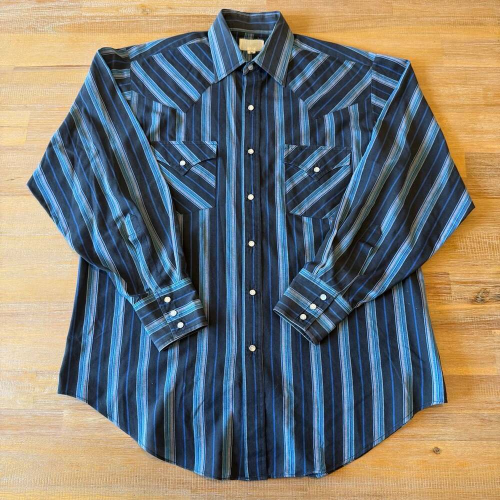 Western Snap Shirt Black and Blue Striped Long Sleeve Size Medium